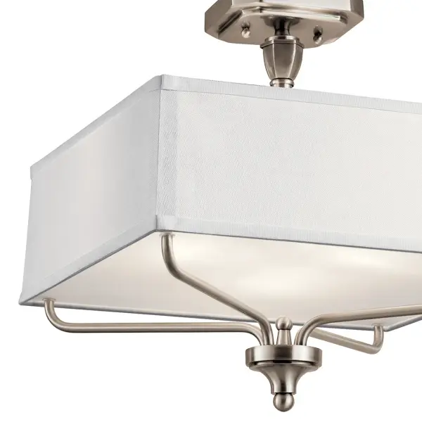 The Arlo combines a sophisticated fabric square shade with clear satin etched glass diffuser in a classic pewter finish. This 3-light semi-flush mount offers versatile style and dimmable functionality for medium-sized spaces. - alternate view