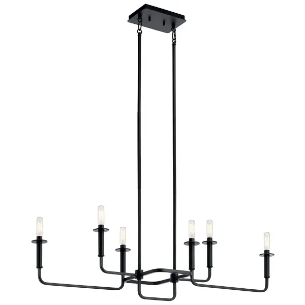 The Alden Linear Chandelier brings contemporary elegance with its 6-light configuration spanning 38.5 inches. The black finish offers versatile styling that complements both modern and transitional interiors.