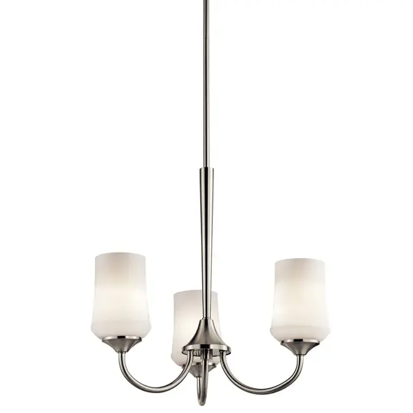 The Aubrey Chandelier combines transitional styling with practical illumination. Its brushed nickel finish and satin etched opal glass shades create soft, diffused light perfect for dining and living spaces.