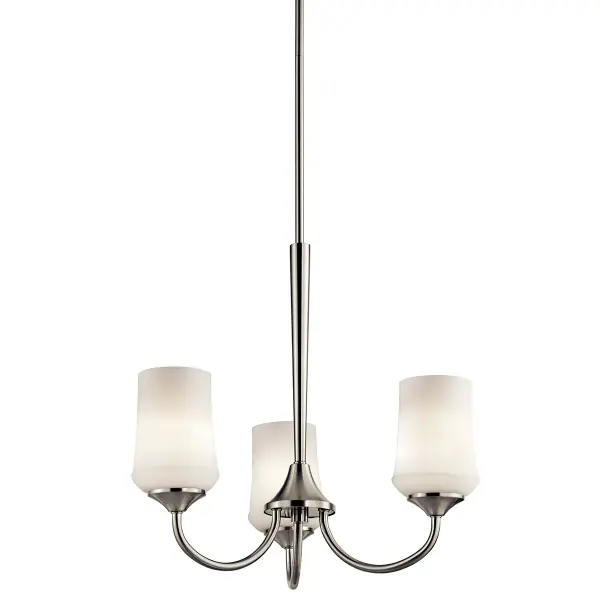 The Aubrey Chandelier combines brushed nickel finish with satin etched opal glass shades for a refined, versatile look. Its 21.5-inch diameter makes it perfect for medium-sized spaces, while dimmable functionality adds ambiance control.