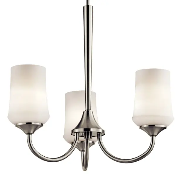 The Aubrey Chandelier combines transitional styling with practical illumination. Its brushed nickel finish and satin etched opal glass shades create soft, diffused light perfect for dining and living spaces. - alternate view