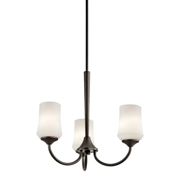 The Aubrey Chandelier combines traditional styling with versatile functionality. Its Olde Bronze finish and satin etched opal glass shades create warm, diffused lighting perfect for dining spaces and entryways.
