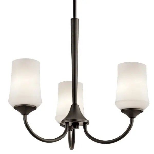 The Aubrey Chandelier combines traditional styling with versatile functionality. Its Olde Bronze finish and satin etched opal glass shades create warm, diffused lighting perfect for dining spaces and entryways. - alternate view