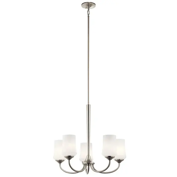 The Aubrey Chandelier combines classic elegance with contemporary sensibility. Its brushed nickel finish and satin etched opal glass shades create soft, diffused lighting perfect for dining and living spaces. - alternate view