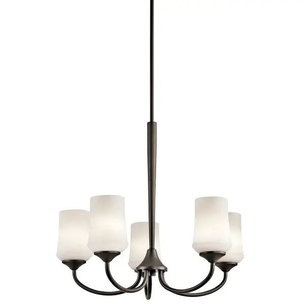The Aubrey Chandelier combines traditional elegance with versatile styling. Its 25-inch diameter and satin etched opal glass shades provide warm, diffused lighting perfect for dining rooms and entryways.
