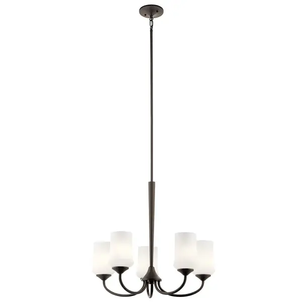 The Aubrey Chandelier combines traditional elegance with versatile styling. Its 25-inch diameter and satin etched opal glass shades provide warm, diffused lighting perfect for dining rooms and entryways. - alternate view