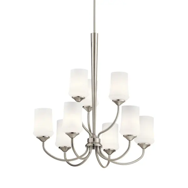 The Aubrey 9-light chandelier combines classic multi-tier styling with contemporary brushed nickel finish. Its generous 28.75-inch diameter and etched opal glass shades provide ample illumination for large spaces while maintaining elegant proportions.