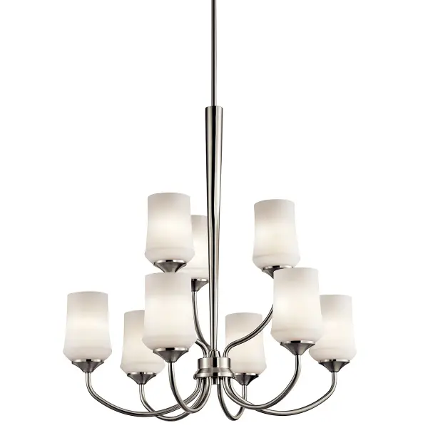 The Aubrey 9-light chandelier combines classic multi-tier design with contemporary brushed nickel finish and satin etched opal glass shades. At nearly 29 inches wide and 31 inches tall, it makes a substantial statement in dining rooms and foyers.