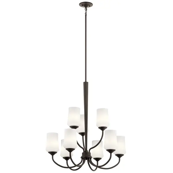 The Aubrey 9-light chandelier brings traditional sophistication with its multi-tier design and Olde Bronze finish. Featuring satin etched cased opal glass shades, it provides warm, diffused illumination perfect for formal spaces. - alternate view