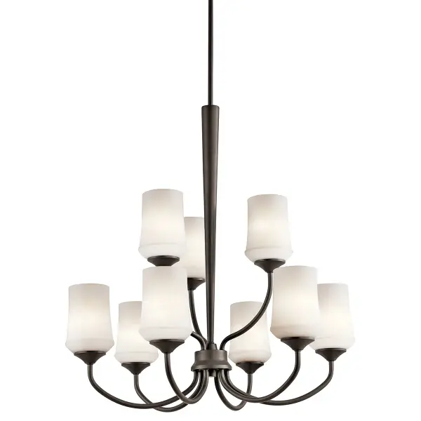 The Aubrey 9-light chandelier brings traditional sophistication with its multi-tier design and Olde Bronze finish. Featuring satin etched cased opal glass shades, it provides warm, diffused illumination perfect for formal spaces.