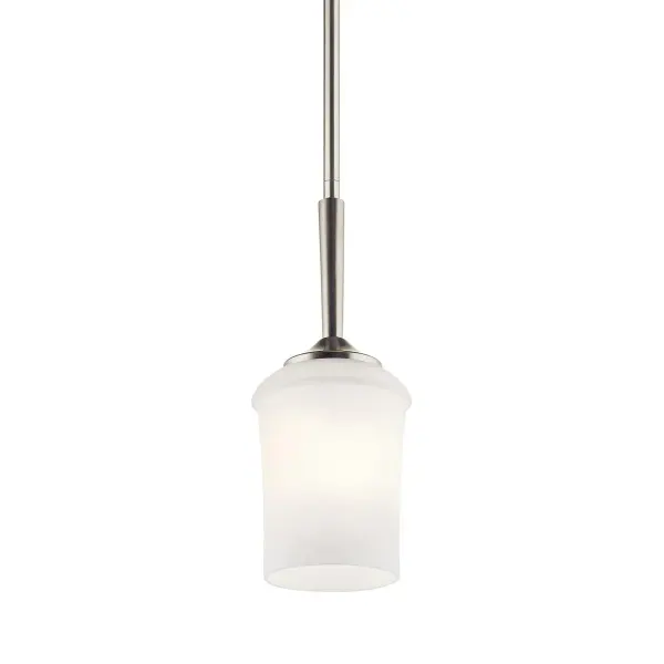 The Aubrey Mini Pendant combines classic opal glass with brushed nickel finish in a compact 4.75" diameter design. Ideal for task lighting over kitchen islands or accent lighting in bathrooms and closets.
