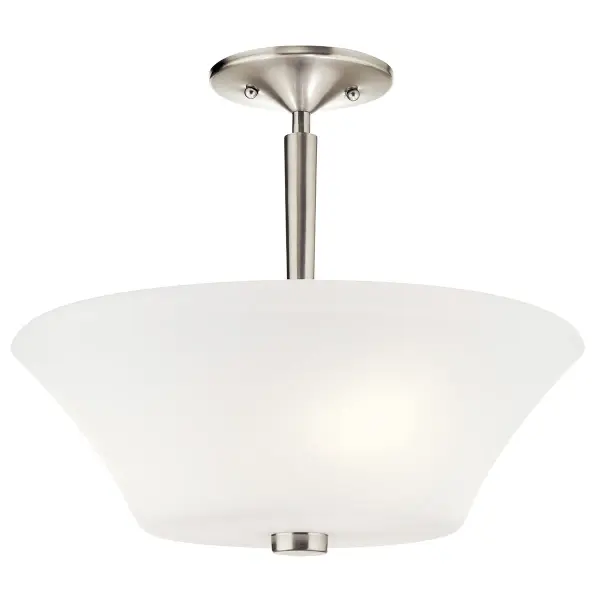The Aubrey 3-light semi-flush mount combines brushed nickel finish with satin etched opal glass for soft, diffused illumination. Its compact 15-inch diameter and transitional design make it ideal for smaller spaces.