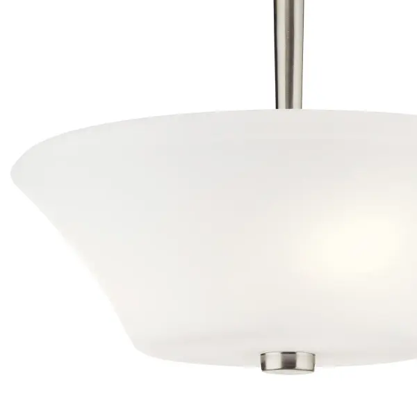 The Aubrey 3-light semi-flush mount combines brushed nickel finish with satin etched opal glass for soft, diffused illumination. Its compact 15-inch diameter and transitional design make it ideal for smaller spaces. - alternate view