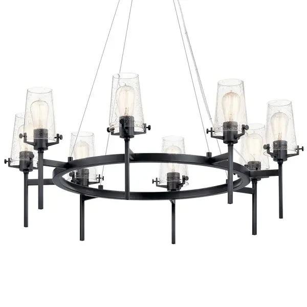 The Alton Chandelier combines industrial aesthetics with refined elegance through its 8-light configuration and clear seeded glass shades. At 38 inches wide, it commands attention while the black finish adds dramatic contrast.