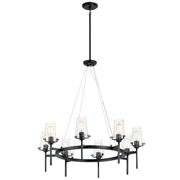 The Alton Chandelier combines industrial aesthetics with refined elegance through its 8-light configuration and clear seeded glass shades. At 38 inches wide, it commands attention while the black finish adds dramatic contrast. - alternate view