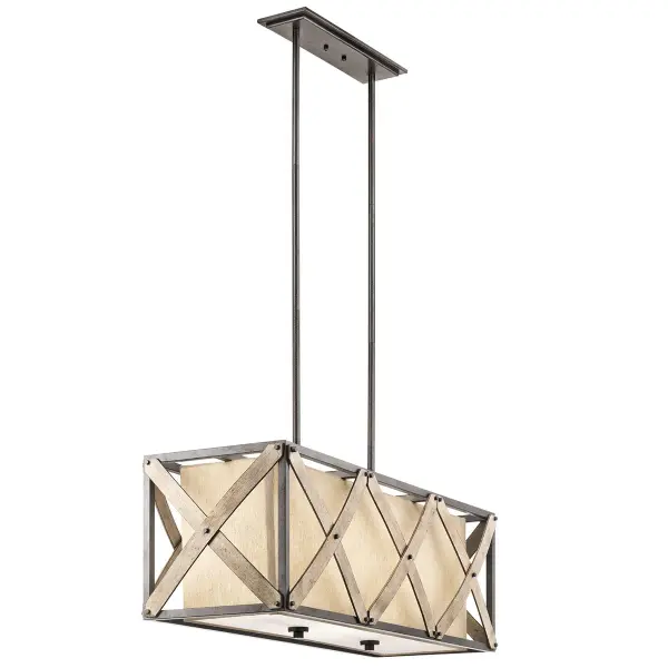 The Cahoon Linear Chandelier blends industrial metal framework with refined fabric shades, creating a versatile fixture that bridges rustic and contemporary aesthetics. Its 36.75-inch linear design makes it perfect for dining tables and kitchen islands. - alternate view
