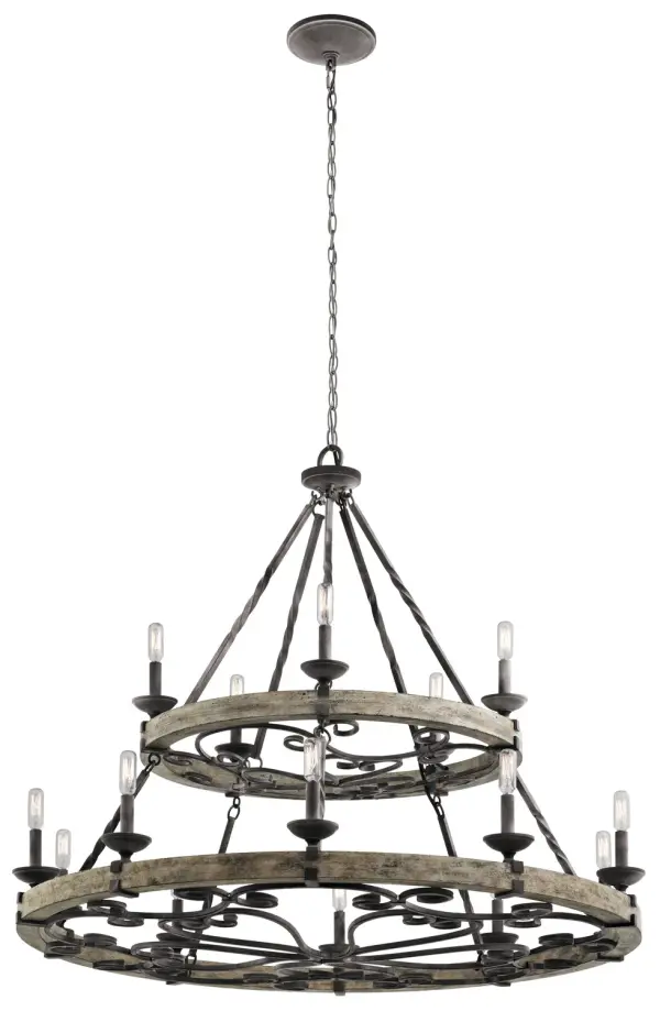 This impressive 15-light chandelier brings lodge-inspired grandeur to spacious interiors. The weathered zinc finish paired with grey wood veneer creates authentic rustic character, while the substantial 44-inch width commands attention in great rooms and dining spaces.