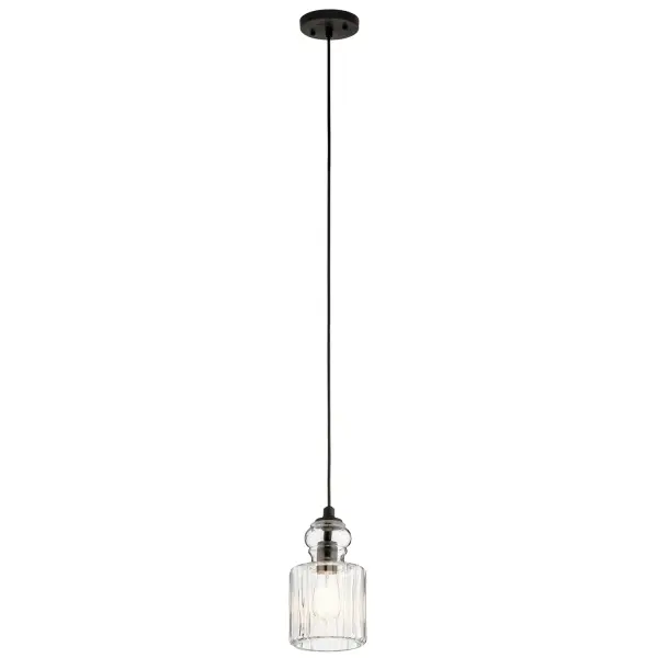 The Riviera mini pendant draws inspiration from vintage perfume bottles, featuring clear ribbed glass and an Olde Bronze finish. Its compact 5.75" width makes it ideal for smaller spaces or grouped installations.