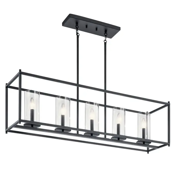 The Crosby Linear Chandelier combines transitional elegance with industrial character. Its 41-inch linear frame in black finish features five lights with clear glass shades, perfect for illuminating dining tables and kitchen islands. - alternate view