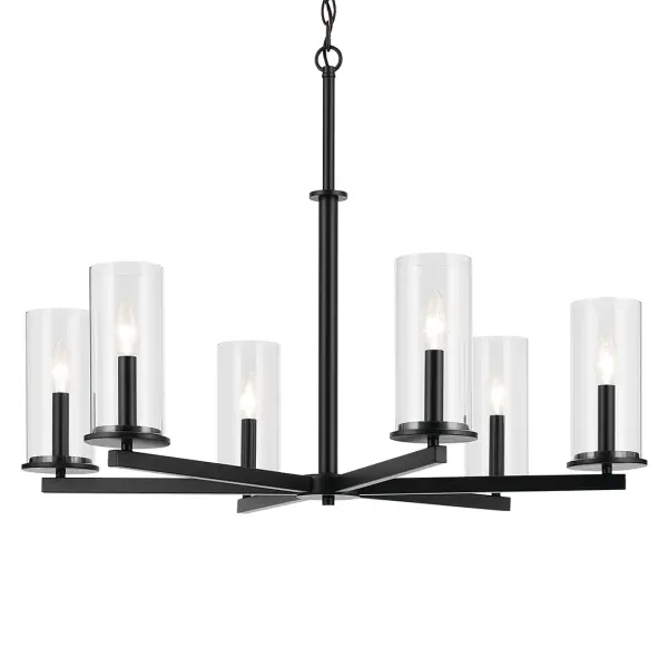 The Crosby Chandelier combines transitional elegance with industrial charm through its 32-inch diameter frame and clear glass shades. Perfect for large dining rooms and entryways, this 6-light fixture delivers substantial illumination while making a bold design statement.