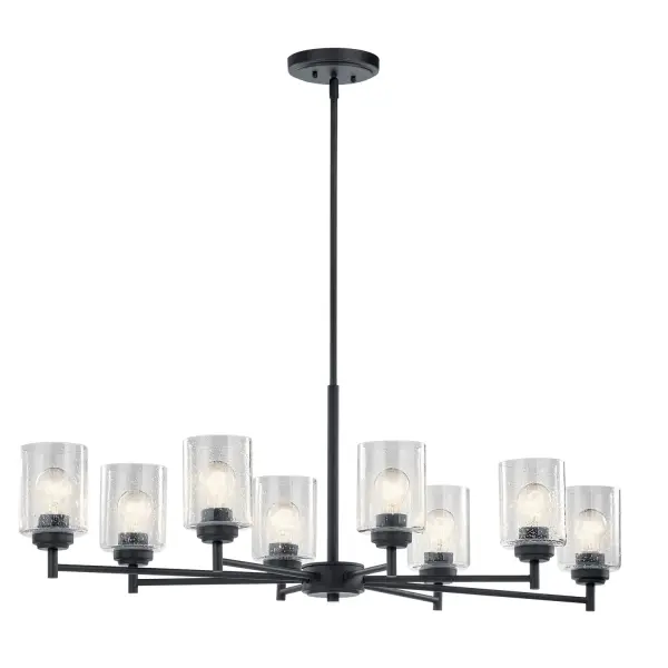 The Winslow brings clean modern lines with industrial character through its linear black frame and clear seeded glass shades. Eight lights provide ample illumination for dining and kitchen spaces, while the textured glass adds visual interest.