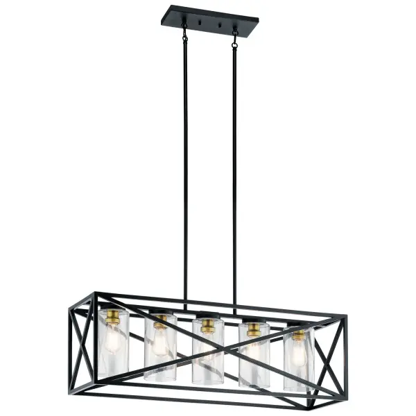 The Moorgate linear chandelier brings authentic industrial character with its oversized X-pattern design inspired by vintage shipping crates. The black and brass finish combination adds warmth while clear glass shades provide ample illumination.