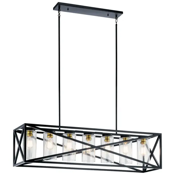 The Moorgate linear chandelier delivers authentic industrial style with its oversized X-pattern design inspired by vintage shipping crates. The black and brass finish combination creates visual interest while clear glass shades provide ample illumination.