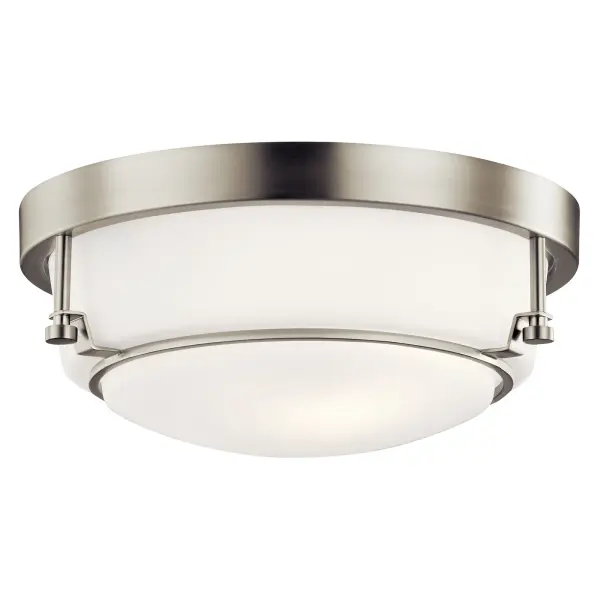 The Belmont 2-light flush mount combines brushed nickel finish with clear satin etched glass for a versatile lighting solution. Its compact 12.5-inch diameter makes it ideal for smaller spaces requiring low-profile illumination.