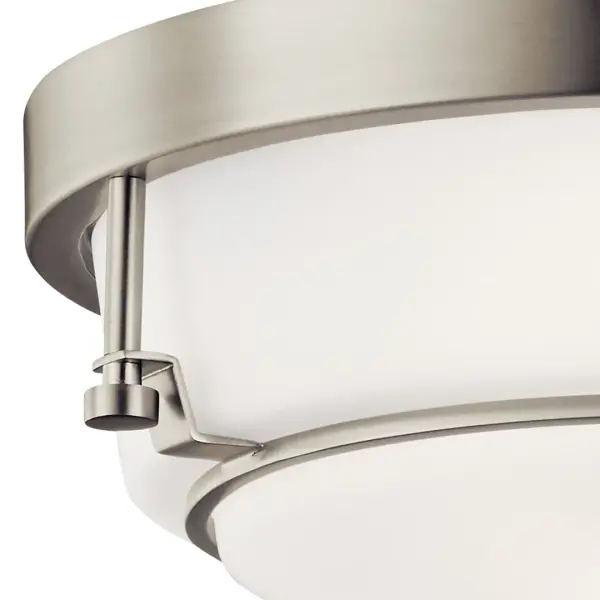 The Belmont 2-light flush mount combines brushed nickel finish with clear satin etched glass for a versatile lighting solution. Its compact 12.5-inch diameter makes it ideal for smaller spaces requiring low-profile illumination. - alternate view