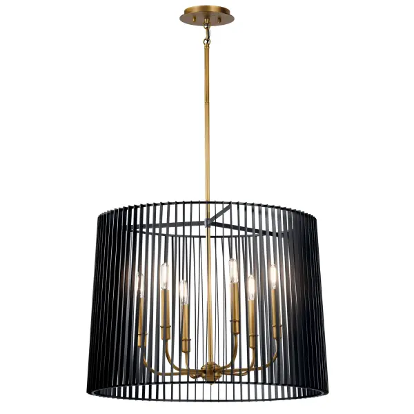 The Linara chandelier combines matte black metal slats with natural brass accents for a sophisticated mid-century aesthetic. Its 26-inch width makes it versatile for dining rooms and kitchen islands, while the slatted shade creates beautiful light patterns.