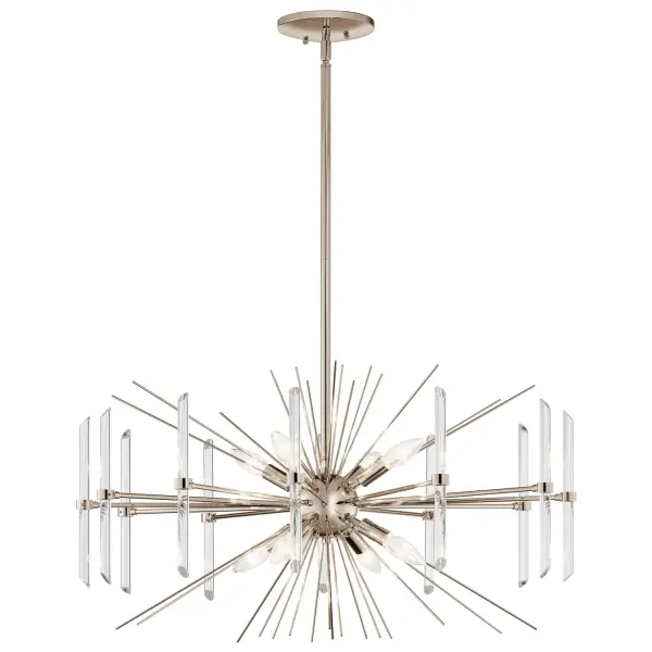 The Eris chandelier is a striking statement piece that blends mid-century modern design with contemporary elegance. Its spiked stems radiate from a polished nickel sphere, while vertical crystal rods create captivating light patterns. Perfect for those seeking functional art that elevates any space.