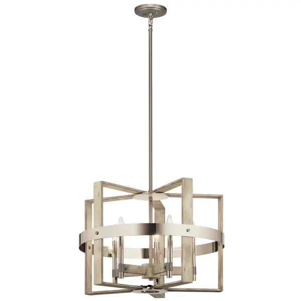 The Peyton chandelier blends farmhouse warmth with modern geometry through its whitewashed wood finish and mixed nickel accents. At 26 inches wide, it's perfectly scaled for medium dining spaces and kitchen islands, offering versatile style that bridges rustic and contemporary aesthetics.