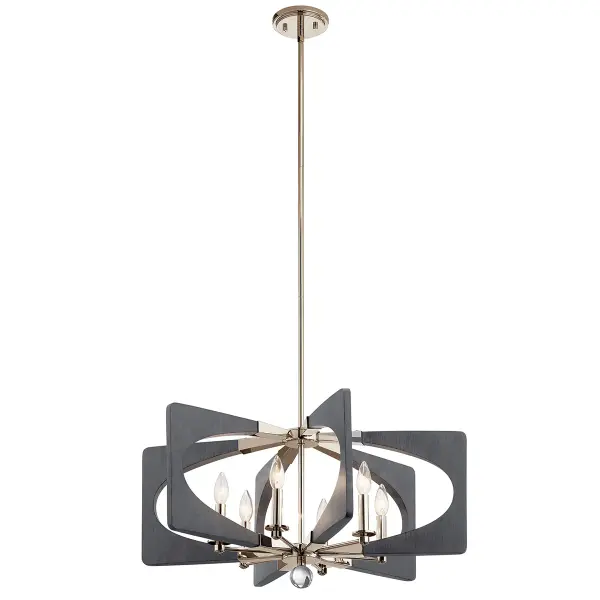 The Alscar pendant brings organic warmth with its driftwood grey finish and polished nickel accents. At 28 inches wide, this 6-light fixture provides ample illumination for kitchen islands and dining tables while adding coastal charm. - alternate view