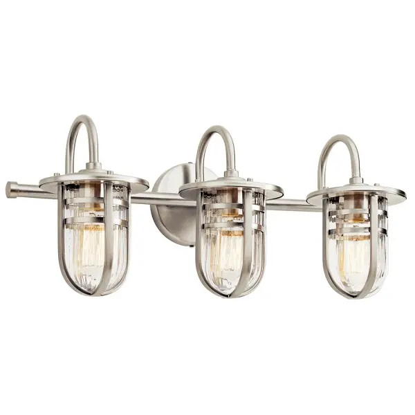 The Caparros 3-Light Vanity Light combines brushed nickel finish with distinctive ribbed glass shades for sophisticated bathroom illumination. Its 24-inch width provides balanced lighting for medium vanities.