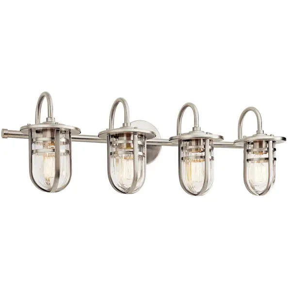 The Caparros vanity light combines transitional styling with functional illumination. Its 32-inch width makes it ideal for double vanities, while the ribbed glass shades add visual texture and diffuse light beautifully.