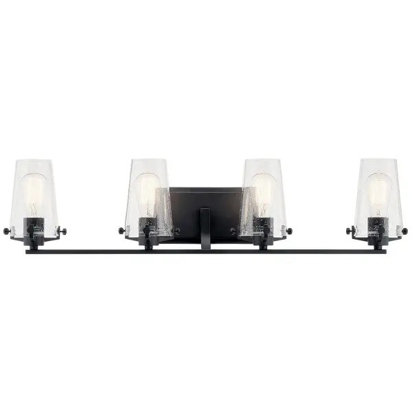 The Alton vanity light combines transitional elegance with industrial character through its black finish and clear seeded glass shades. At 33.75 inches wide, it provides ample illumination for medium to large vanities. - alternate view