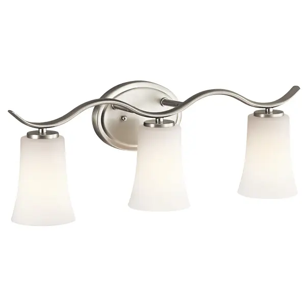 The Armida vanity light combines brushed nickel finish with satin etched opal glass for soft, even illumination. Its 23-inch width makes it ideal for standard bathroom vanities, while dimmable capability and damp rating ensure versatility.