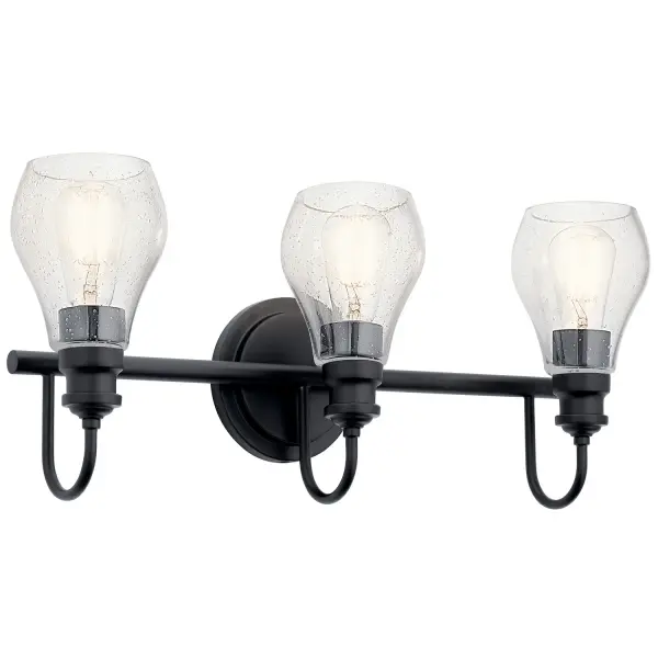 The Greenbrier 3-light vanity brings timeless appeal to bathroom lighting with its teardrop-shaped seeded glass shades and clean black finish. Perfect for medium-sized bathrooms seeking both function and style.