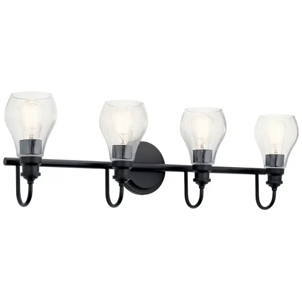 The Greenbrier 4-light vanity brings timeless style to bathroom lighting with its teardrop seeded glass shades and clean black finish. At 33.5 inches wide, it provides excellent illumination for medium to large vanities while adding visual texture.