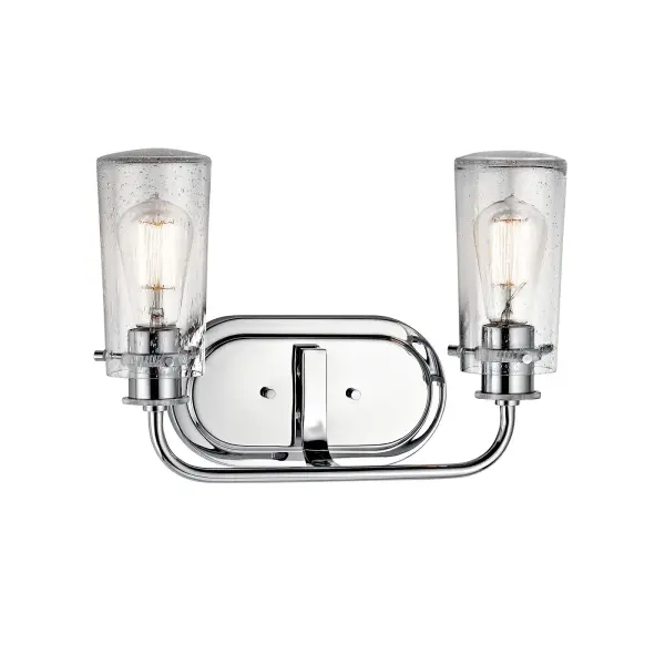 The Braelyn 2-light vanity fixture combines timeless chrome finish with textured seeded glass shades, offering versatile lighting for bathrooms. Dimmable and damp-rated for reliable performance in moisture-prone areas. - alternate view