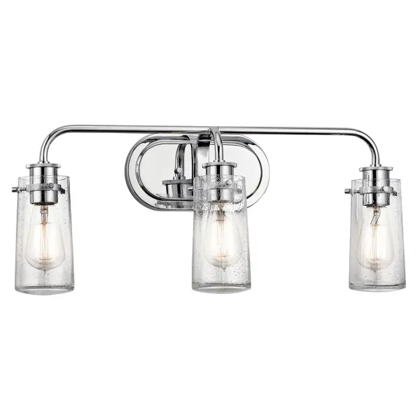 The Braelyn 3-Light Vanity Light combines timeless chrome finish with clear seeded glass shades for a sophisticated bathroom lighting solution. Its 24-inch width makes it ideal for medium to large vanities.