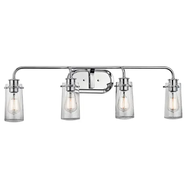 The Braelyn vanity light combines transitional styling with practical functionality. Its 34.25-inch width makes it ideal for double vanities, while clear seeded glass shades add texture and visual interest. Dimmable and damp-rated for bathroom use.