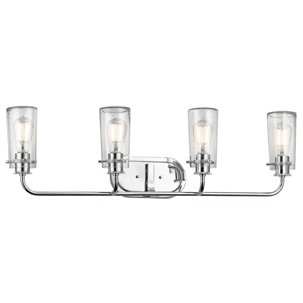 The Braelyn vanity light combines transitional styling with practical functionality. Its 34.25-inch width makes it ideal for double vanities, while clear seeded glass shades add texture and visual interest. Dimmable and damp-rated for bathroom use. - alternate view