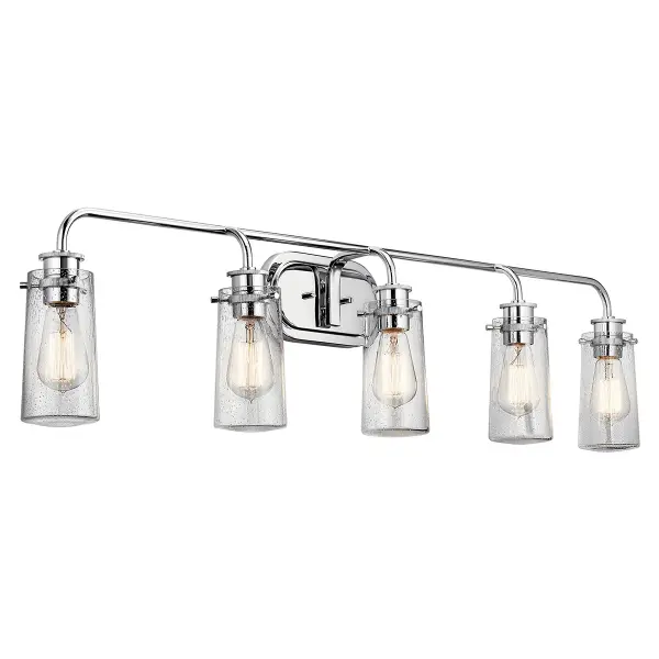 The Braelyn vanity light combines transitional styling with practical functionality. Its 44-inch width and clear seeded glass shades provide ample illumination for larger vanities, while the chrome finish adds a clean, modern touch.