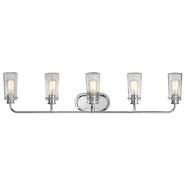 The Braelyn vanity light combines transitional styling with practical functionality. Its 44-inch width and clear seeded glass shades provide ample illumination for larger vanities, while the chrome finish adds a clean, modern touch. - alternate view