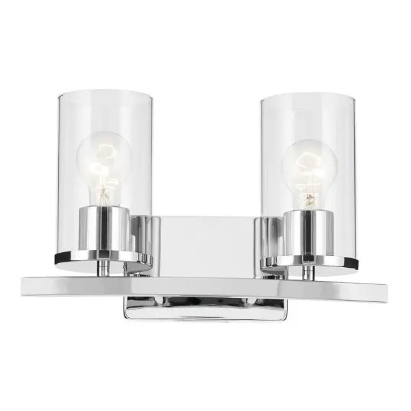 The Crosby 2-Light Vanity Light combines classic chrome finish with clear glass shades for a versatile bathroom lighting solution. Dimmable and damp-rated, it offers flexible installation and reliable performance. - alternate view