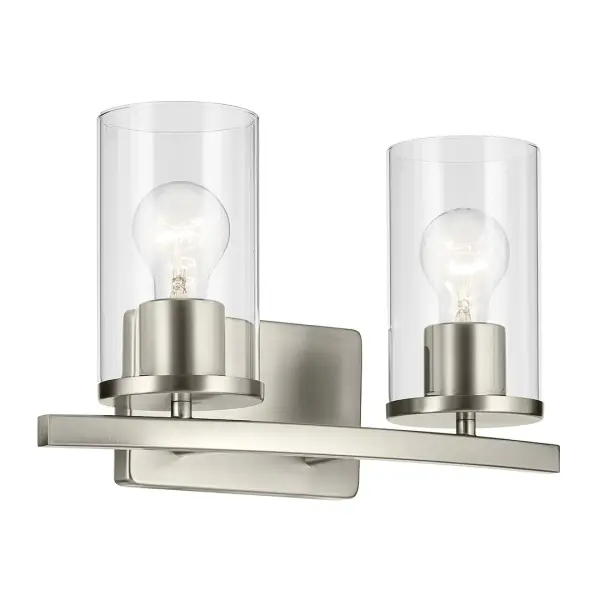 The Crosby 2-Light Vanity Light combines clean lines with classic appeal, featuring clear glass shades and brushed nickel finish. Dimmable and damp-rated for bathroom use, it offers flexible installation.