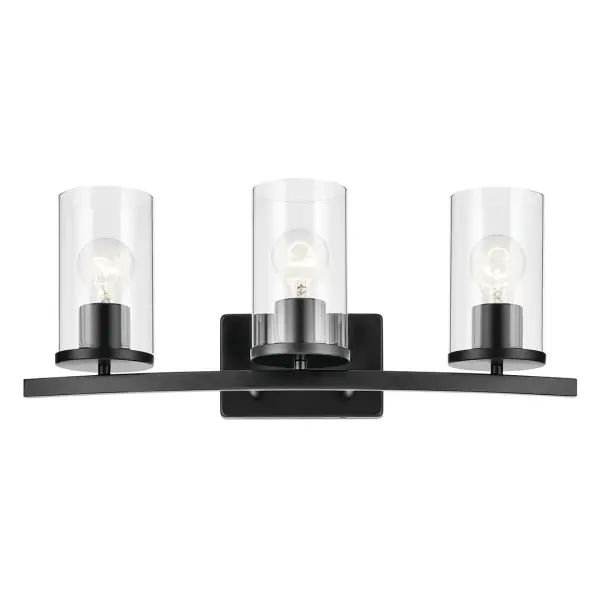 The Crosby Vanity Light combines transitional styling with practical features. Its 23-inch width makes it ideal for medium to large vanities, while clear glass shades and dimmable capability offer lighting flexibility. - alternate view