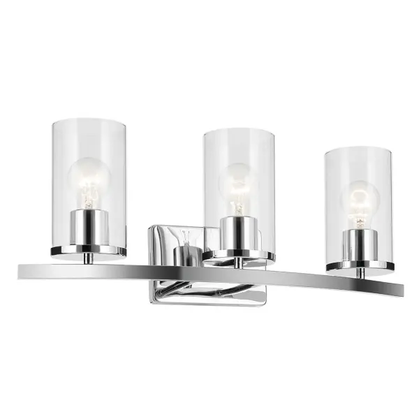 The Crosby 3-Light Vanity Light combines classic chrome finish with clear glass shades for a clean, transitional look. Its 23-inch width makes it ideal for medium-sized vanities, while dimmable functionality and damp rating ensure practical performance.
