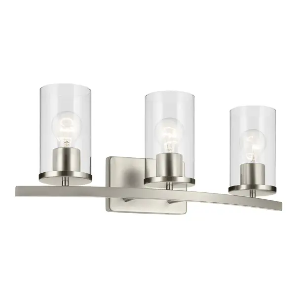 The Crosby vanity light combines brushed nickel finish with clear glass shades for a timeless look. Its 23-inch width makes it ideal for medium to large vanities, while dimmable functionality and damp rating ensure versatility.